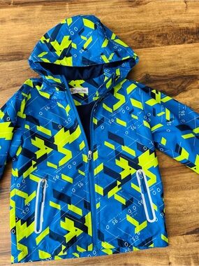 Annabelle Blue and Neon Yellow Geometric Hooded Kids Raincoat